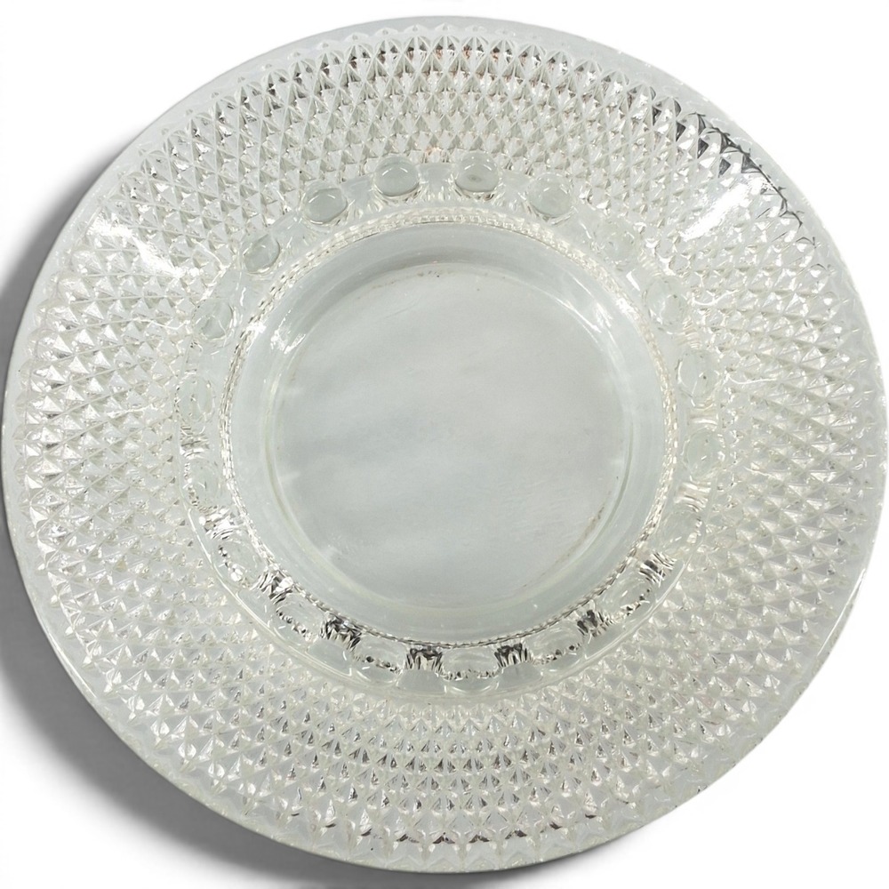 Vintage Clear Pressed Glass Ashtray Diamond Point Textured Rim 6.5 Inch Round